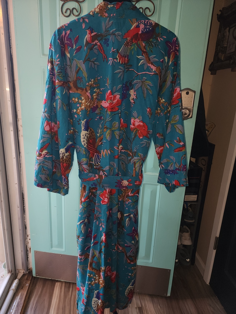 Floral Teal Kimono Robe with Bird Print - Picture 5 of 5